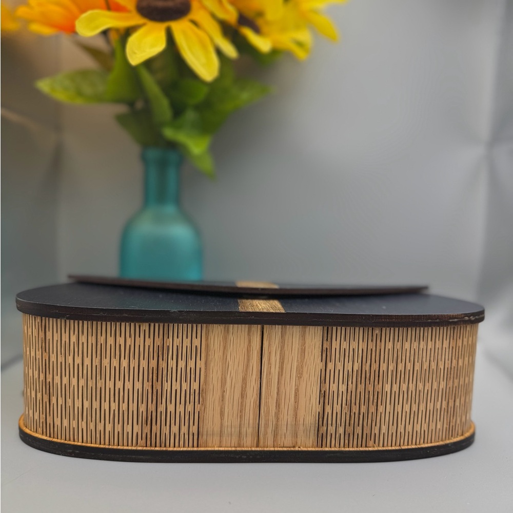 Handmade- Two-toned Navy/Oak Wood Clutch Bag with Stripe and Gold Chain - Picture 4 of 5